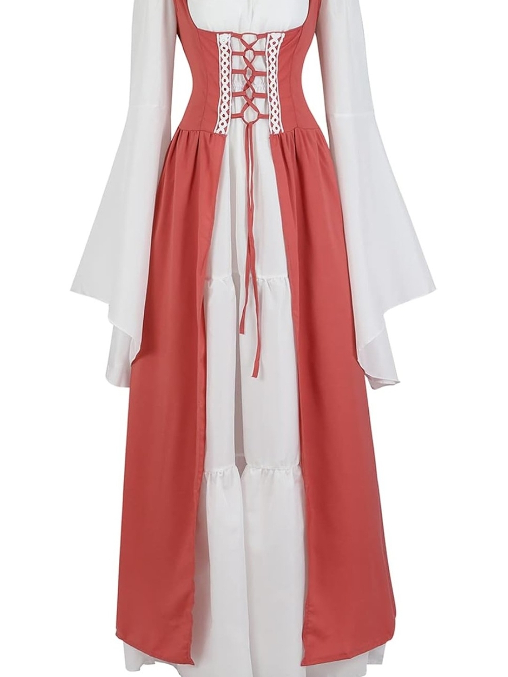 Renaissance Lace-Up Maxi Dress in Brick Red and White